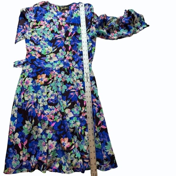 Yumi Kim 100% Silk Wrap Dress Women XS Blue Floral 3/4 Sleeve Cottagecore Garden - Picture 11 of 13